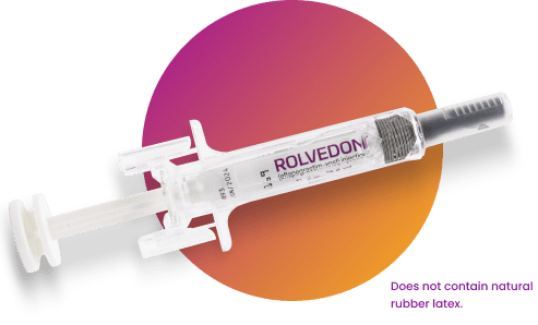 ROLVEDON prefilled syringe with a colorful background, labeled 'Does not contain natural rubber latex'